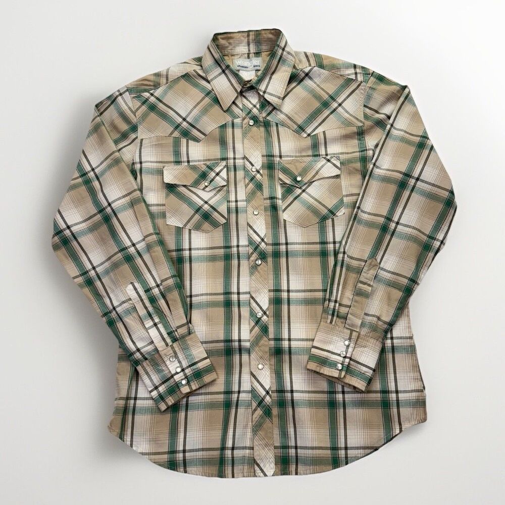 Wrangler Rodeo Wrancher Tan Green Plaid Shirt Pearl Snaps Long Sleeves Cotton L - Picture 2 of 7